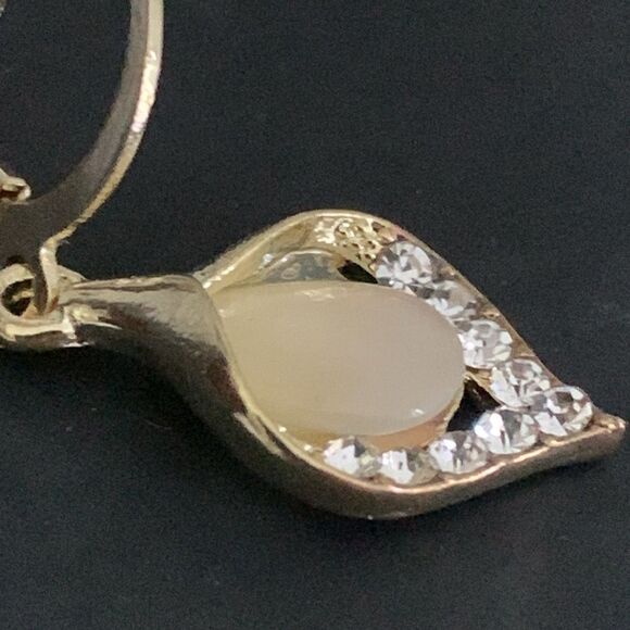 Polished Leaf Teardrop Earrings, Faux Opal & Rhinestones, Gold-Tone - Picture 6 of 11